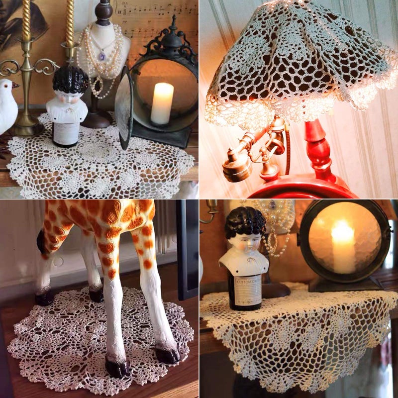 Phantomon Lace Doilies Crochet Cloth Table Placemat Handmade Round Coasters Rosary Doily, 100% Cotton Pack of 4, 15 inch (40cm x 40cm) (Beige) - Image 4